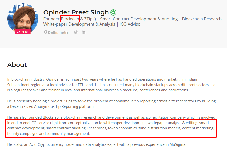 Opinder Preet Singh, ekspert på ICObench